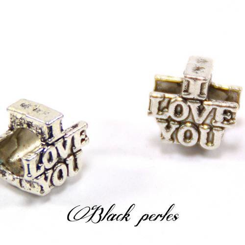 Perle style pandora, charm écrit "i love you" en métal plaqué argent- m26 