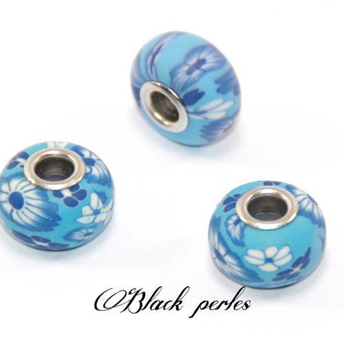 Perle style pandora, en pâte polymère fimo, bleue avec fleurs- f11 