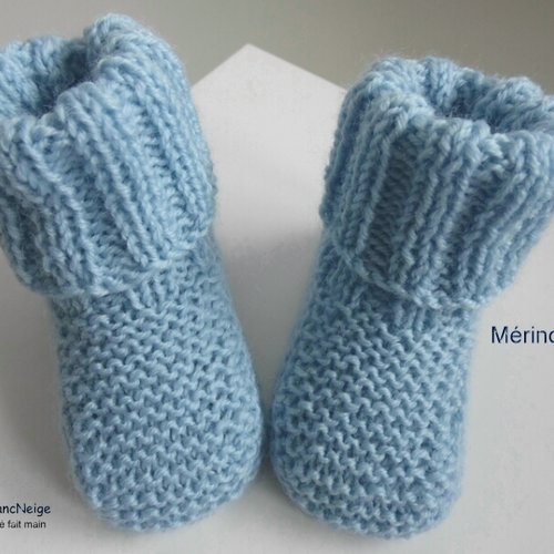 Chaussons chaussettes 3mois, mérinos, bleu, à revers, tricot bebe, layette, bb, modèle sur commande