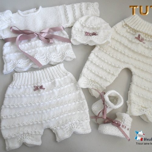Tuto tu-101 – 1 mois - fiche tricot bébé, explications tricot bb, brassière, bonnet, chaussons, bloomer ou culotte bb, pantalon