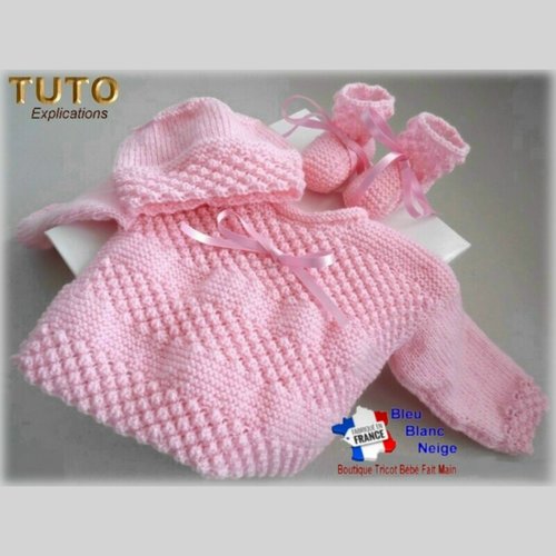 Patron tu-015 - 1 mois –fiche tricot bébé, explications complètes, brassière, bonnet, chaussons, tricot bebe, layette bb