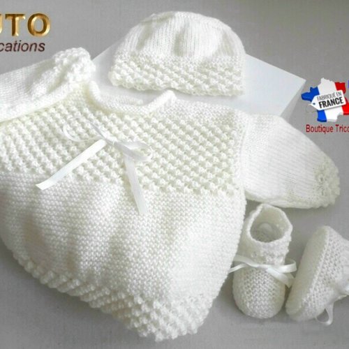 Tuto tu-037 – naissance – fiche tricot bébé, explications complètes, brassière, bonnet, chaussons, tricot bebe, layette bb