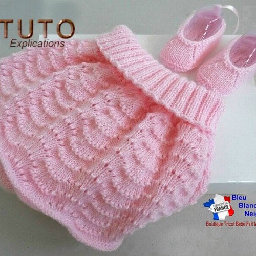 Tuto tu-011 –  naissance-1 mois - fiche tricot bébé, explications tricot bb, jupe et chaussons ballerines,  tuto layette