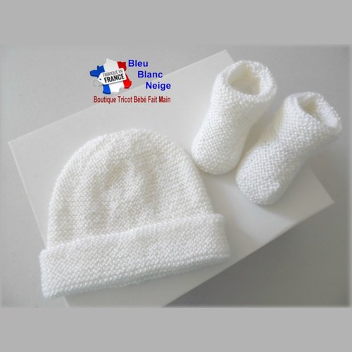 Duo naissance, bonnet, chaussons tout mousse à revers, lait,  mixte, laine calinou, tricot bébé layette sur commande