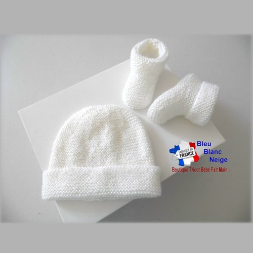 Duo 3 mois, bonnet, chaussons tout mousse à revers, lait,  mixte, laine calinou, tricot bébé layette sur commande