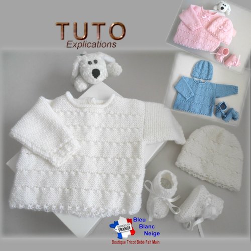 Tuto tu-404 – 3 tailles sur le même pdf - fiche tricot bébé , explications brassière bonnet et chaussons tutoriel
