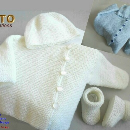 Tuto tu-410 – 4 tailles sur le même pdf - fiche tricot bébé , explications brassière bonnet et chaussons tutoriel