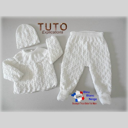 Patron tu-149 - naissance – tuto pdf brassière, pantalon à pieds et bonnet damier, bb layette tricot bébé  fiche tricot