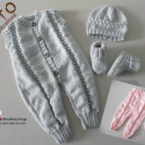 Tuto tu-421 – 3 tailles sur le même pdf - fiche tricot bébé , explications combinaison bonnet chaussons tuto  modèle à tricoter