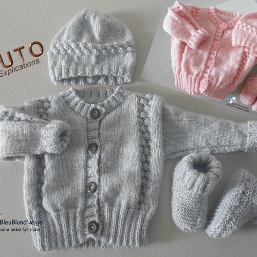 Tuto tu-422 – 3 tailles sur le même pdf - fiche tricot bébé , explications gilet bonnet chaussons tuto  modèle à tricoter