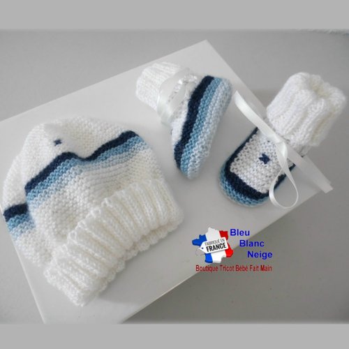 Bonnet et chaussons 6 mois – duo 4 couleurs nuances bleu pour  bébé mixte ruban satin modèle tricot bb layette sur commande