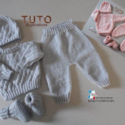 Tuto tu-152 – naissance - fiche tricot bébé , explication brassière, pantalon, bonnet et chaussons, modèle à tricoter, layette bb