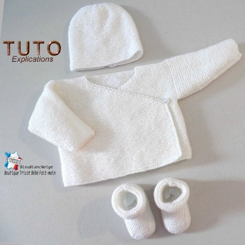 Tuto tu-428 – 4 tailles sur le même pdf - fiche tricot bébé , explications brassière bonnet chaussons tuto facile à tricoter