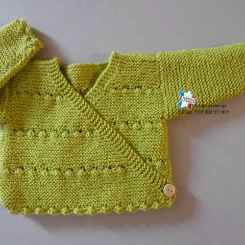 Brassière naissance croisée, gilet cache coeur, tricot bébé citronnier, modèle layette bb en laine tricoté sur commande