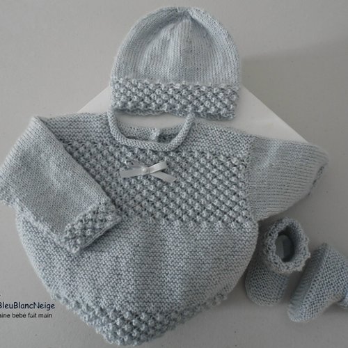 Ensemble 3 mois, brassière bonnet et chaussons, bb gris comète layette tricot bb tricot bébé sur commande