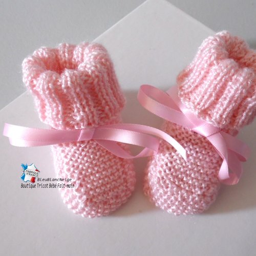 Chaussons bebe 1mois rose point riz à ruban satin tricot bébé fille layette bb tricoté main sur commande