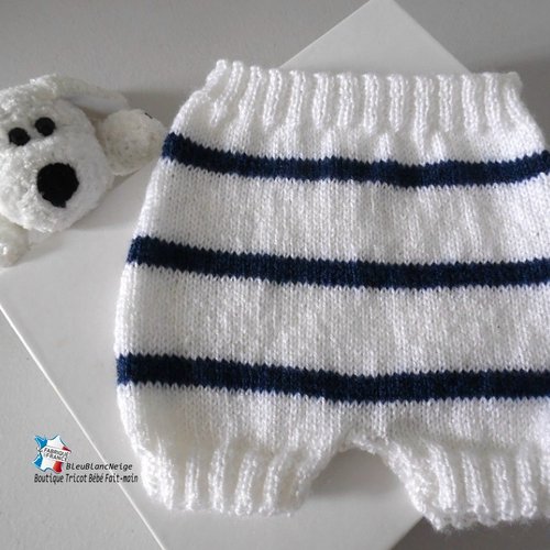 Bloomer 1 mois bebe – motif marin mixte tricoté main, modèle layette tricot bb fait main sur commande