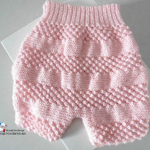Bloomer bébé, 1 mois, short culotte bb, mousse et astrakan, calinou  rose layette tricot bb modèle sur commande