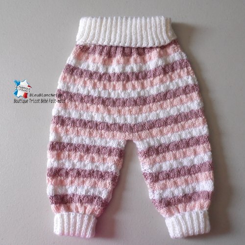 Pantalon bébé, 1 mois, 3 couleurs laine calinou, blanc et rose en  layette tricot bb modèle tricot bébé sur commande