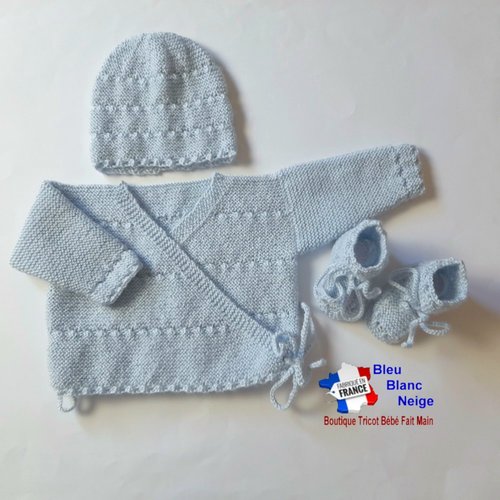Ensemble 3 mois, brassière croisée, bleu azur, garçon, fille, bonnet et chaussons, tricot bebe, layette, bb sur commande