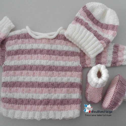 Ensemble, naissance 3 couleurs, brassière, bonnet et chaussons, blanc, rose, tricoté main, tricot bébé sur comma