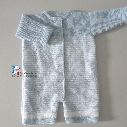 Ensemble 3 mois 2 couleurs, bleu azur et blanc-lait  combi-bloomer  mixte layette tricot bébé sur commande