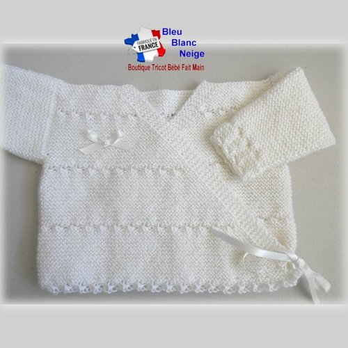 Brassière croisée 3 mois fille - lait - en laine certifiée oeko-tex - layette tricotée main - sur commande