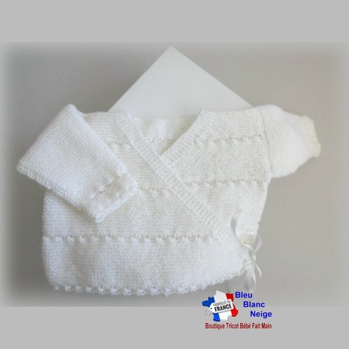 Brassière croisée 1 mois mixte - lait - en laine certifiée oeko-tex - layette tricotée main - sur commande