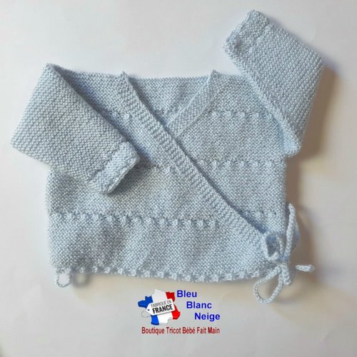 Brassière croisée naissance mixte - azur - en laine certifiée oeko-tex - layette tricotée main - sur commande