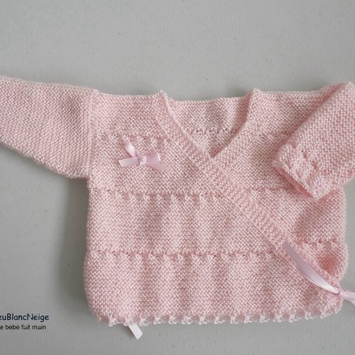Brassière 3 mois,  croisée rose fille layette bb, laine calinou bergère de france  tricot bebe, sur commande