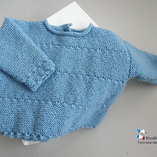 Brassière naissance, droite bleu clair layette bb, laine calinou bergère de france,  tricot bebe, sur commande