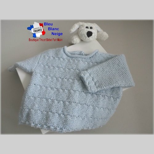 Brassière droite 3 mois mixte - azur - en laine certifiée oeko-tex - layette tricotée main - sur commande