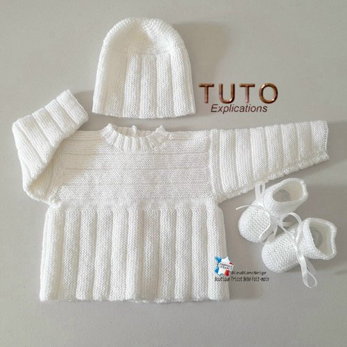 Tuto tu-442– 4 tailles sur le même pdf – tricot bb, brassière, bonnet, chaussons layette bébé à tricoter patron en pdf