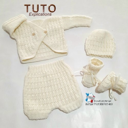 Tu-165- naissance brassière, bloomer, bonnet, chaussons explications en français modèle layette à tricoter