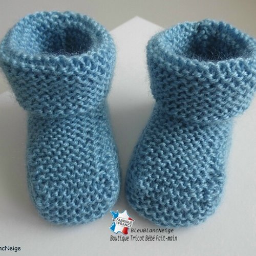 Chaussons bebe 6mois, tricotes main, mousse à revers, bleu clair, laine calinou, tricot, bebe, layette, bb, modèle sur commande