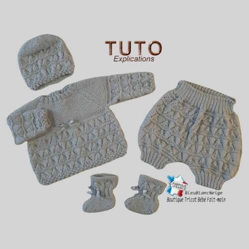Tu-188 – 3 mois tuto brassière, bonnet, chaussons, bloomer, explications en français, modèle layette bébé bb à tricoter