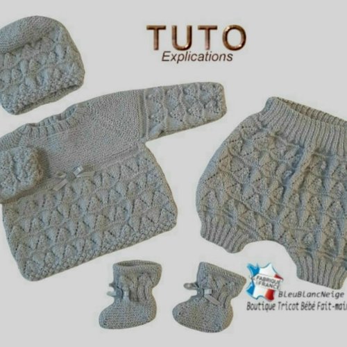 Tu-189 – 6 mois tuto brassière, bonnet, chaussons, bloomer, explications en français, modèle layette bébé bb à tricoter