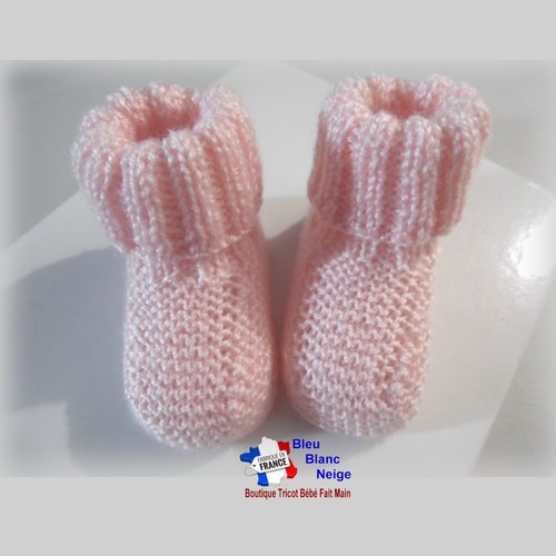 Chaussons 6mois chaussettes roses calinou pour bébé mixte à revers côtes modèle layette bb tricoté main sur commande
