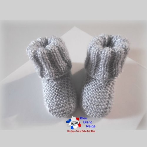 Chaussons 6mois chaussettes gris calinou pour bébé mixte à revers côtes modèle layette bb tricoté main sur commande
