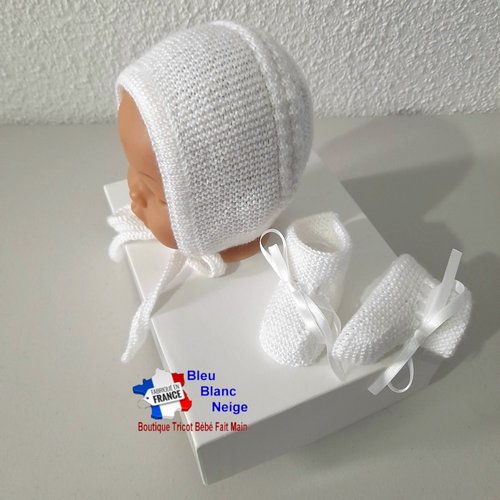 Duo 3 mois bonnet ou béguin bebe et chaussons, lait calinou tricoté main, tricot bb sur commande