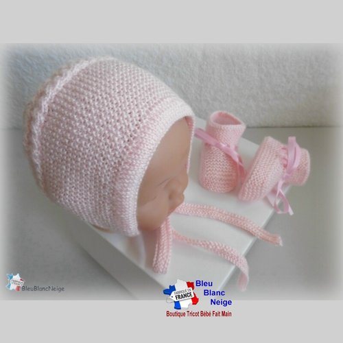 Duo naissance bonnet ou béguin bebe et chaussons, rose calinou tricoté main, tricot bb sur commande