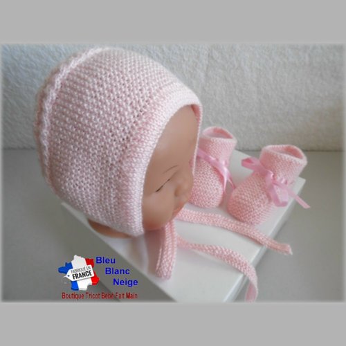 Duo naissance bonnet ou béguin bebe et chaussons, rose calinou tricoté main, tricot bb sur commande