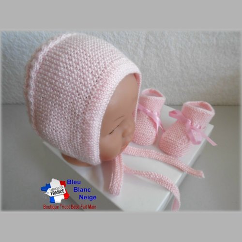 Duo 3 mois bonnet ou béguin bebe et chaussons, rose calinou tricoté main, tricot bb sur commande