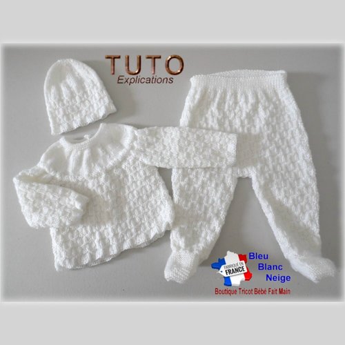Patron tu-191 - 3 mois – explications brassière, pantalon à pieds et bonnet damier, bb layette tricot bébé fiche tricot