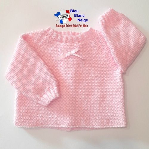 Brassière 3 mois rose pétale fille point mousse tricot bébé, layette bb tricotée main