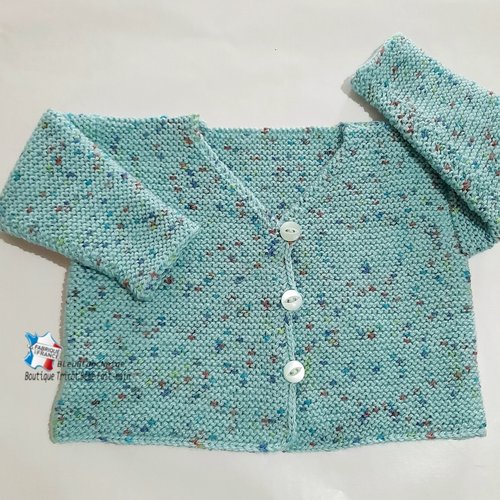 Brassière 3 mois coloris vert moucheté laine pingouin layette bébé tricotée main, modèle tricot bb