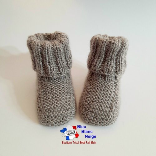 Chaussons 1mois chaussettes marron ourson calinou pour bébé mixte à revers côtes modèle layette bb tricoté main sur commande