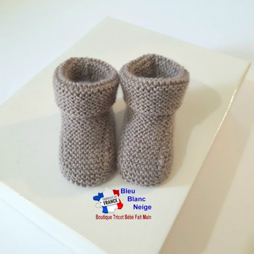 Chaussons bebe 1mois tricot bb, tricotes main marron ourson, laine calinou, mousse à revers, layette bebe, modèle sur commande