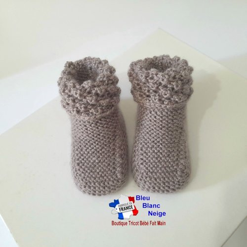 Chaussons bebe 6mois, coloris marron ourson mousse à revers astrakan, bb garcon,tricot, bebe, layette , bb, modèle sur commande