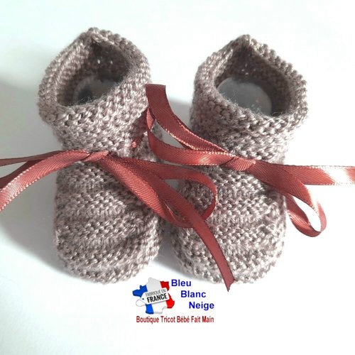 Chaussons 1mois godron marron ourson calinou pour bébé à ruban tricot bébé modèle layette bb tricoté main sur commande